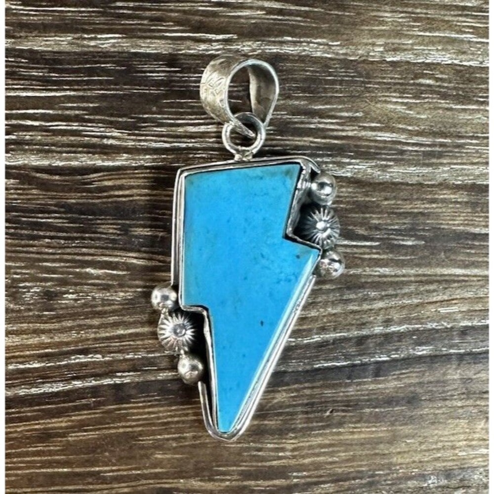 Native Southwest Style Sterling Silver Kingman Turquoise Lightning Bolt Pendant